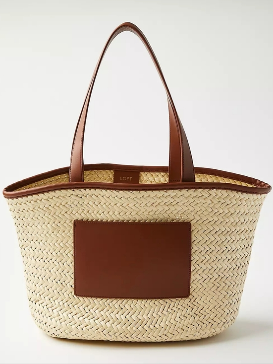 LOFT Handbags - LOFT Natural Straw Tote with Brown Faux Leather Trim